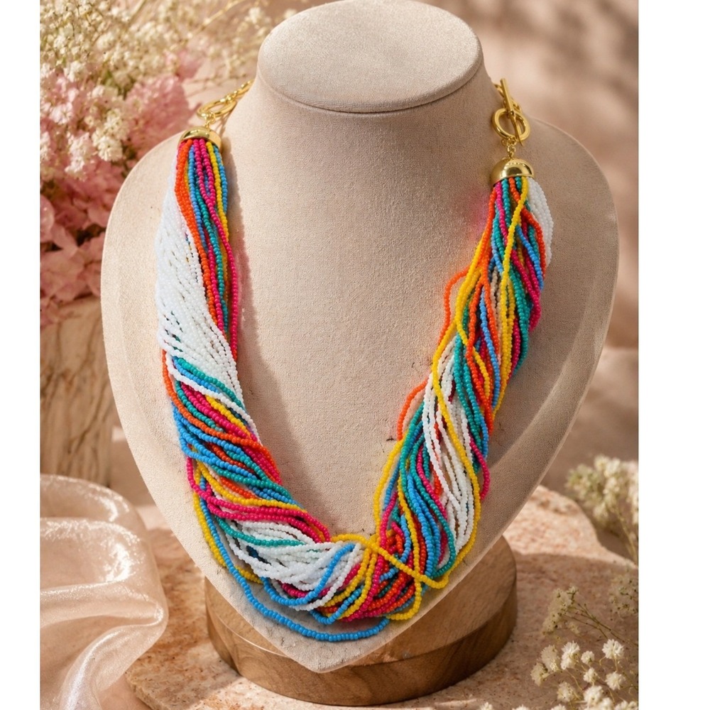Talbots‎ Multi Strand Seed Bead Statement Necklace Colorful Gold Tone Toggle